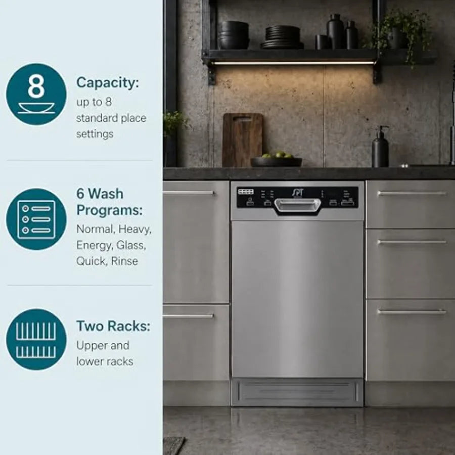 Built-In Dishwasher for Kitchen Use, Stainless Steel, Silver, Heated Drying ENERGY STAR Certified with 6 Wash Programs and 8 Pl