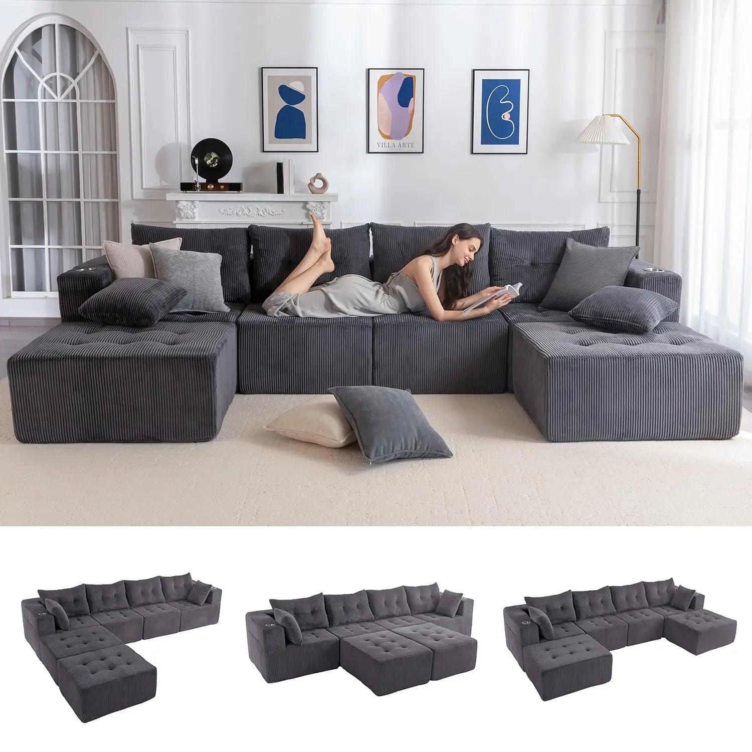 129.5" U Shaped Modular Sectional Sofa with 2 Ottomans Tufted Cloud 6 Seat Sleeper for Living Room Orange Customized