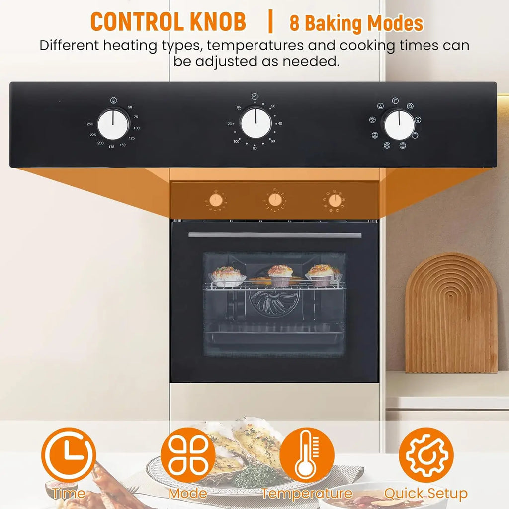 24" Built-in Electric Wall Oven 2.5 Cu.ft 8 Cooking Modes Stainless Steel With Mechanical Knob Control & 3-Layer Tempered Glass