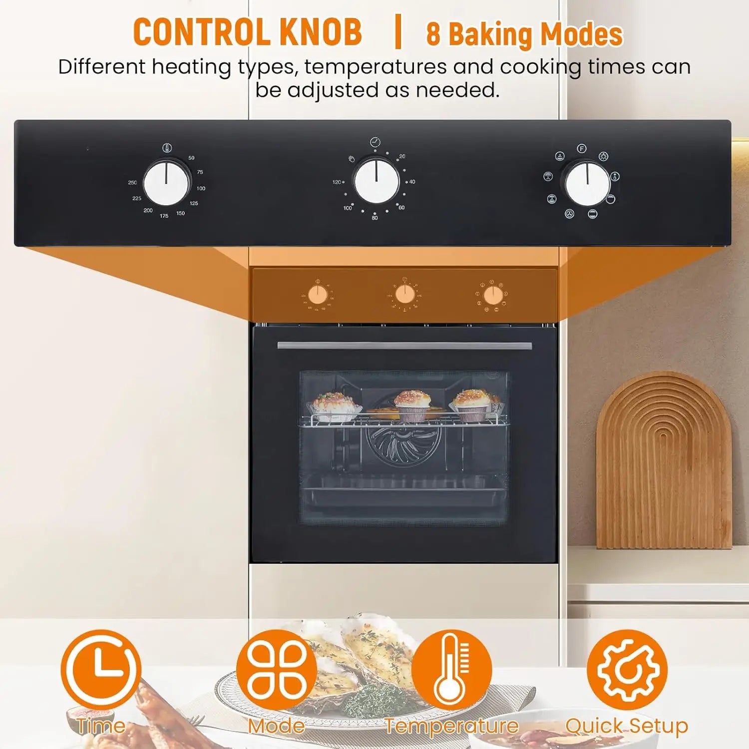 24" Built-in Electric Wall Oven 2.5 Cu.ft 8 Cooking Modes Stainless Steel With Mechanical Knob Control & 3-Layer Tempered Glass