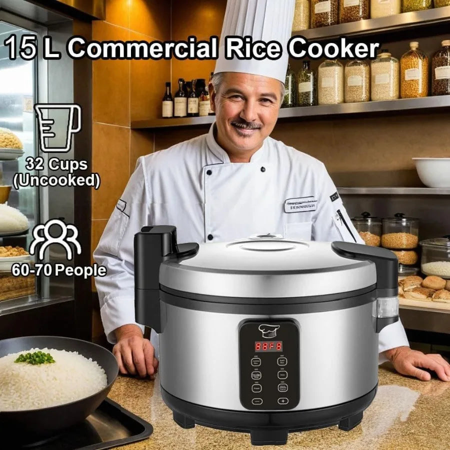 Large 15L Commercial Electric Rice Cooker 84 Cups Cooked 32 Cups Uncooked Stainless Steel One-Touch Operation Automatic Warm Fu