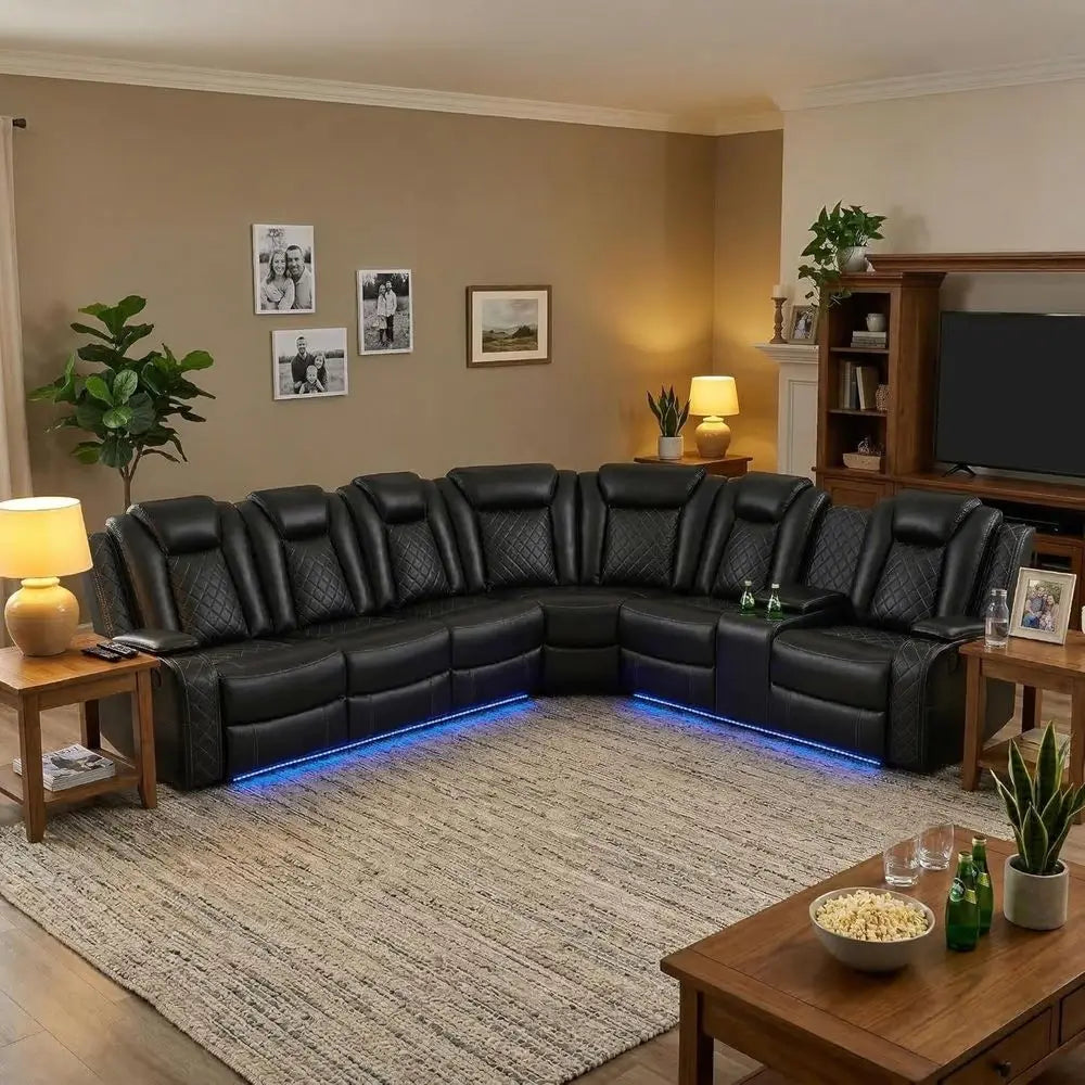 6-Seater Black Curved Leather Sectional Sofa Set with LED Lights, Cup Holders & Storage for Home Theater