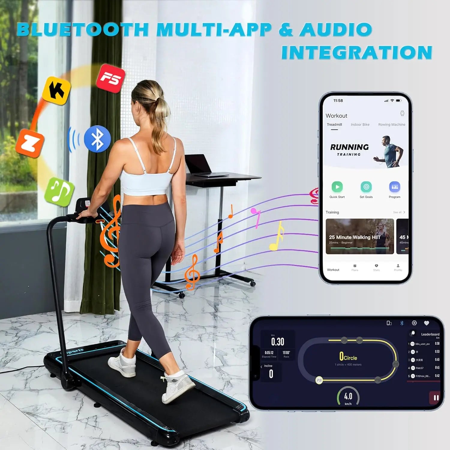 Walking Pad & Folding Treadmill - 2.5HP, Sit-Ups Mat, Bluetooth App, Portable Wheels | Incline, Desk, Dual Displays, 308 lbs & 2