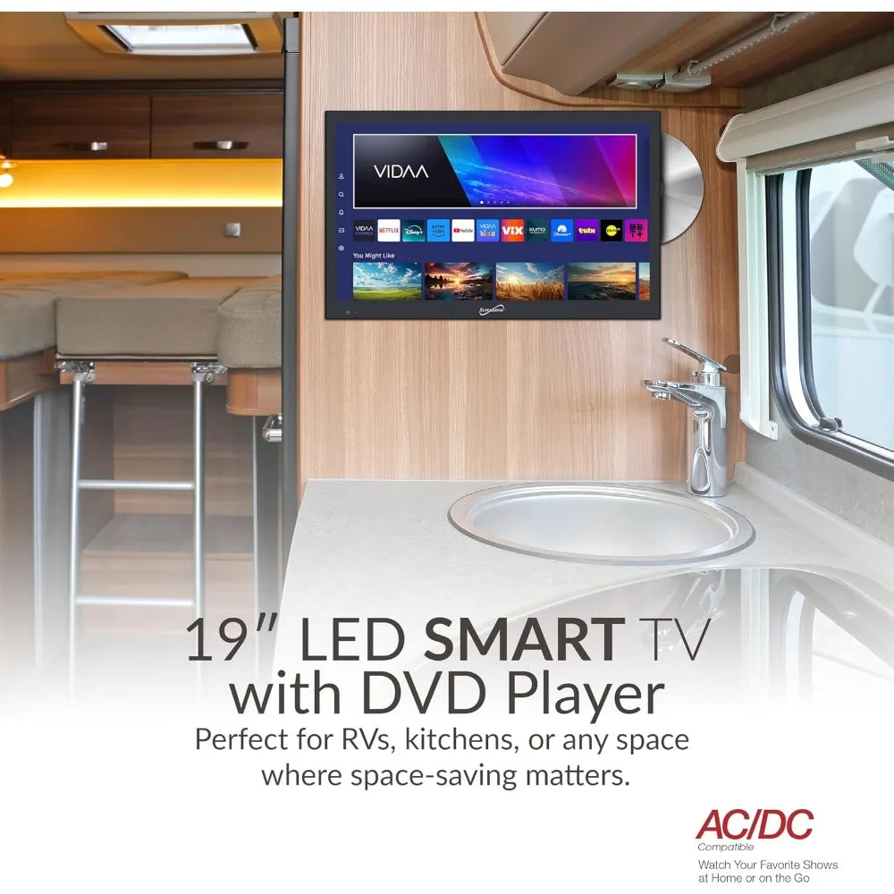 19-inch LED Smart HDTV with DVD Player, HDMI, 1080p, WiFi, USB, AC/DC Compatible for Home, Kitchen, or RV