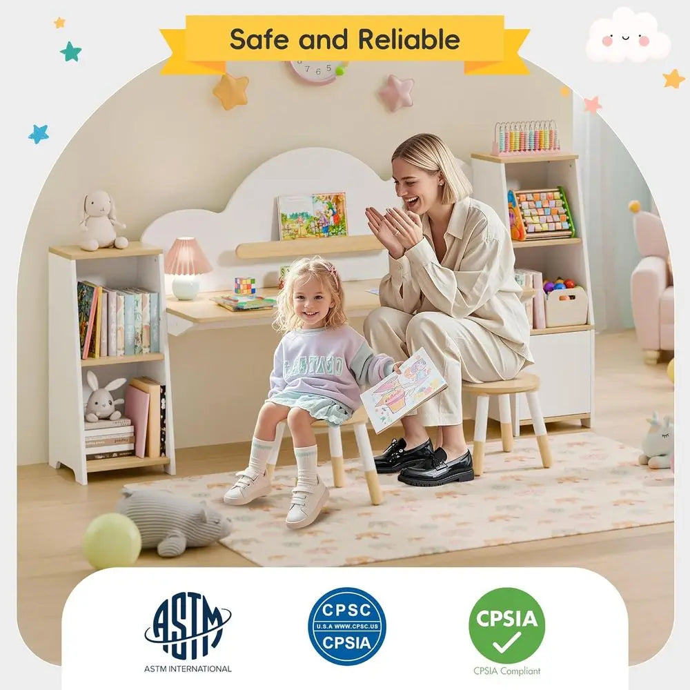 Kids Desk with Storage and 2 Stools, Wooden Children Study Desk and Chair Set with 5 Bookshelves & Cabi, Montori Cloud-Style Art