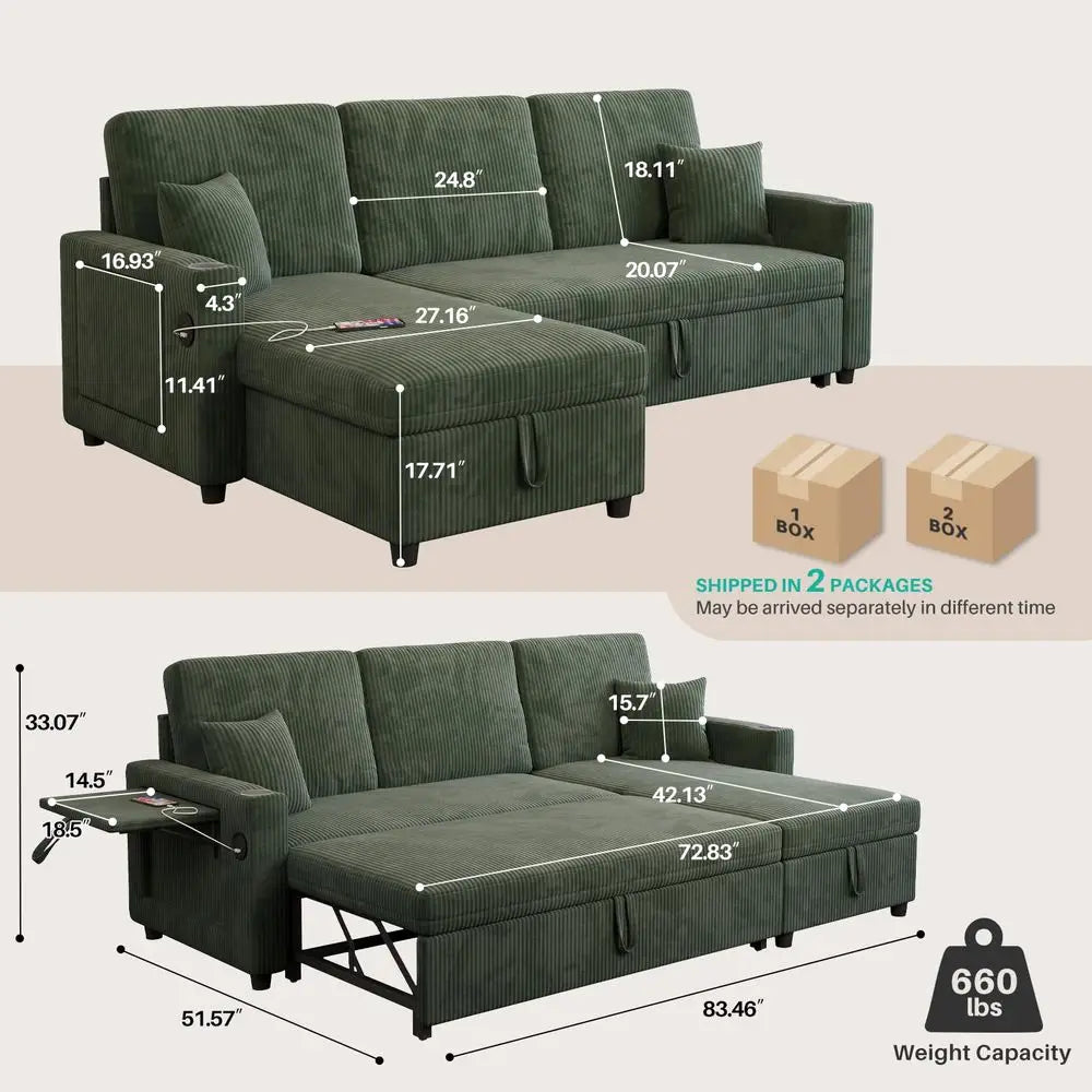 Sectional Sofa, 83 Convertible Sofa Bed with Pull Out Couches, Small Desktop, L Shaped Couch with Reversible Chaise, Cup Holder