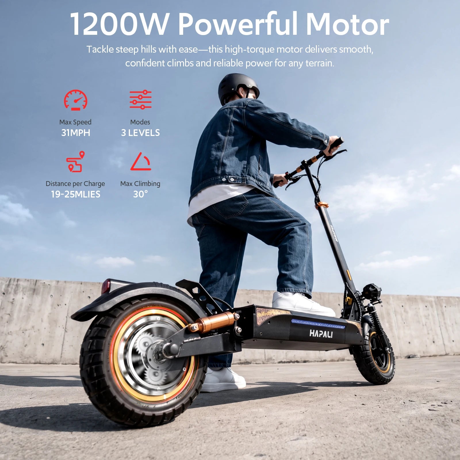Off Road Electric Scooter, 48V 13AH 1200W Motor Folding E-Scooter, 11" All Terrain Tires, Dual Suspension & Side Light, Up to 31Mph & 25 Miles for Adult