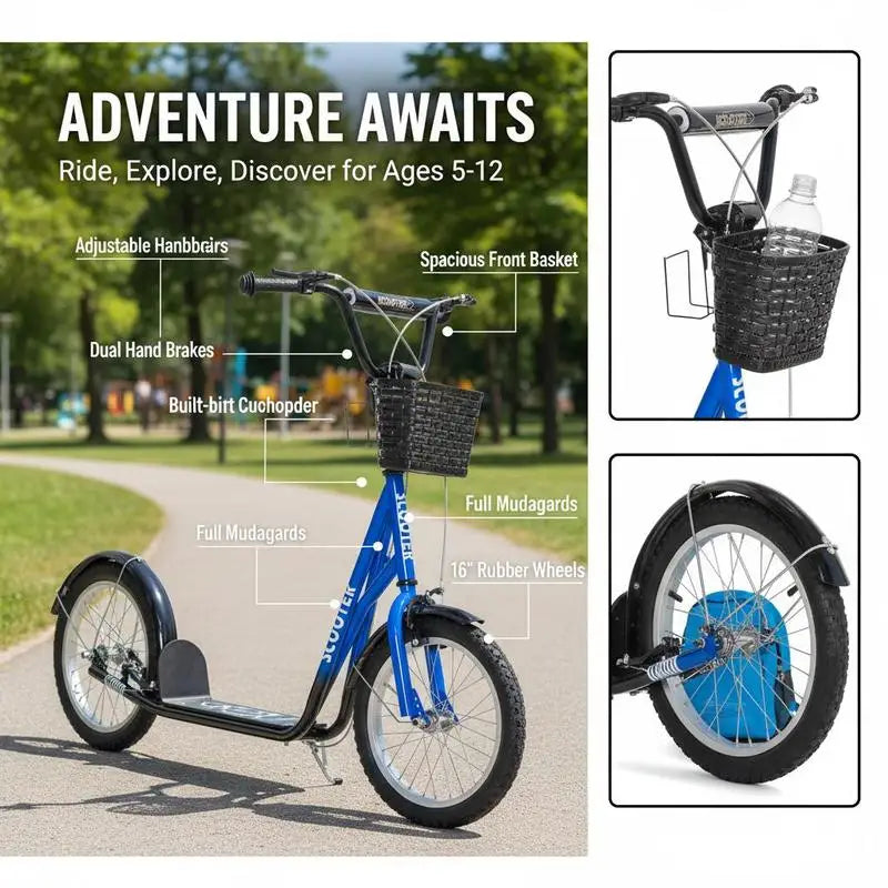 Children's scooter with brake, including basket, height adjustable, for children 5-12 years old, blue+black