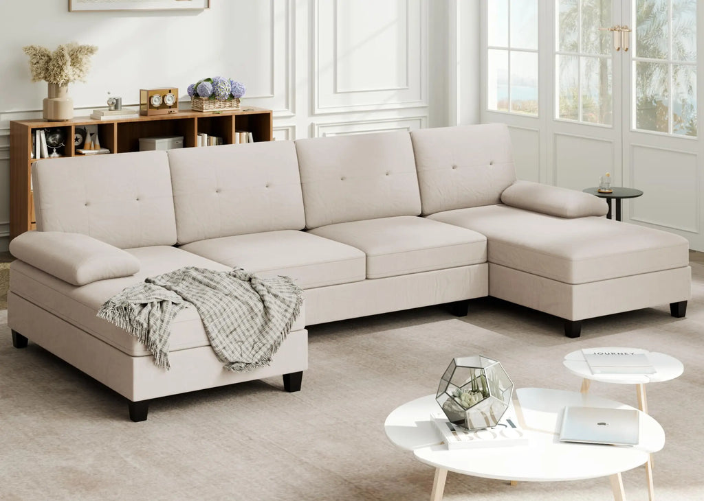Meilocar Sectional Couches for Living Room, U Shaped Couch 4 Seat Sectional Sofa with Chaise and Armrests, Comfortable Fabric