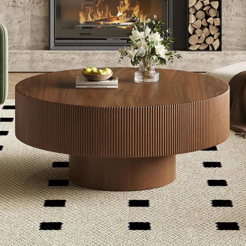 35.4 Inch Round Large Coffee Table with Sturdy Base, Wood Minimalist Fluted Center Table for Living Room Reception Room, Easy Assemble, Walnut