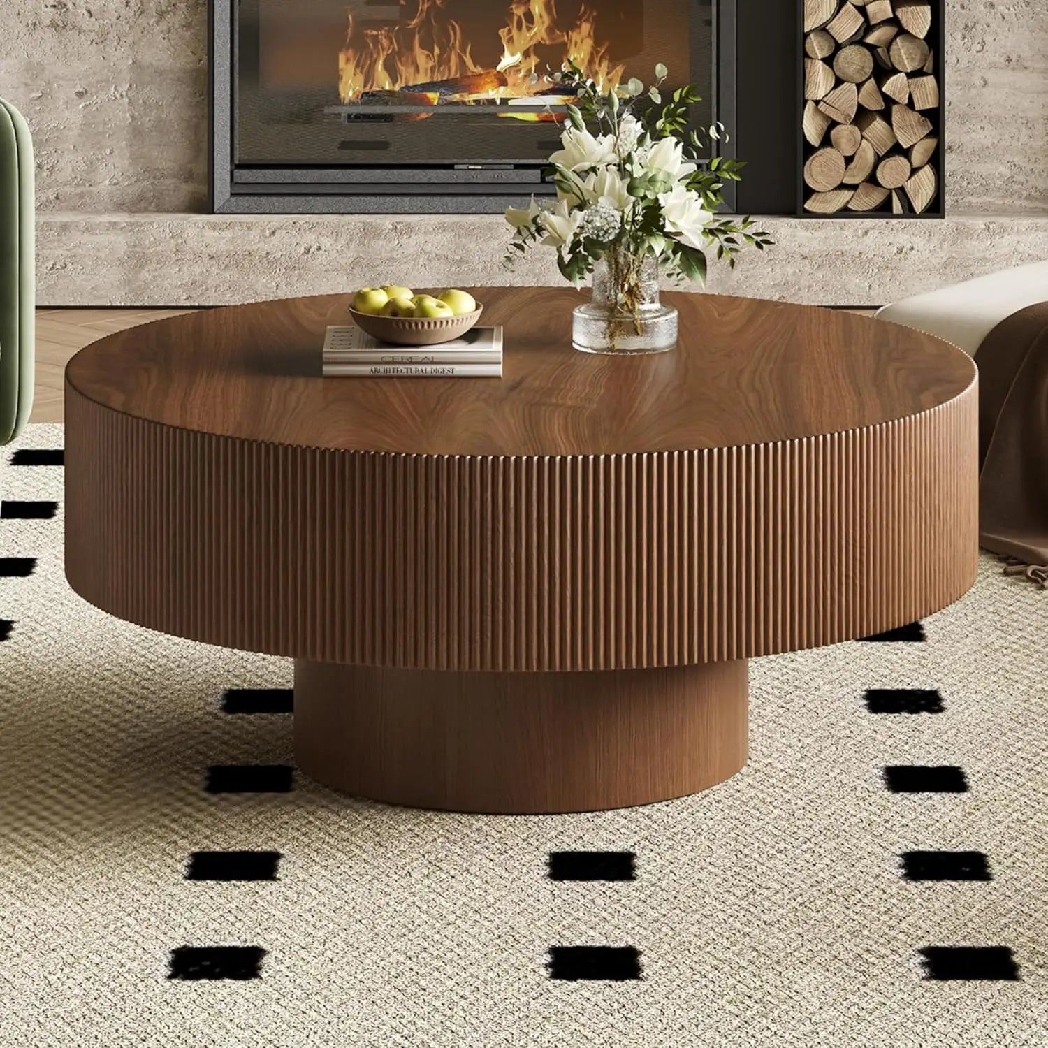 35.4 Inch Round Large Coffee Table with Sturdy Base, Wood Minimalist Fluted Center Table for Living Room Reception Room, Easy Assemble, Walnut