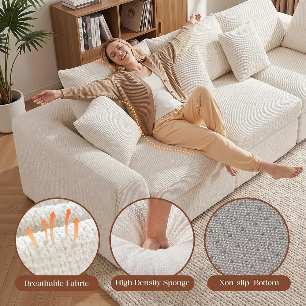 110" Cloud Sectional Couches or Living Room, L-Shaped Convertible Soa, 3-Seat ular BonelCouch with Movable Ottoman, Beige