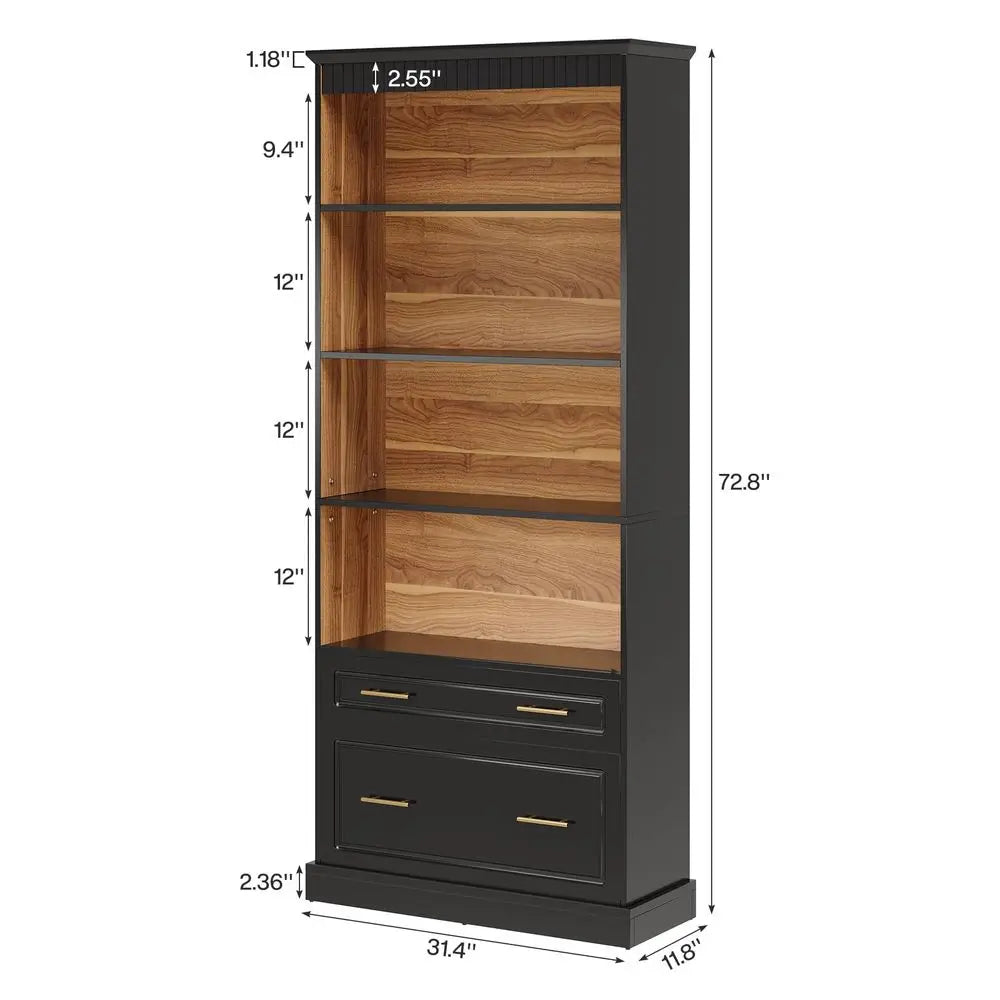 5Shelf Bookcase with File Cabinet Drawer, 72 Tall Bookshelf, Modern FreeStanding Wood Bookcase, Large Open Display Storage Book