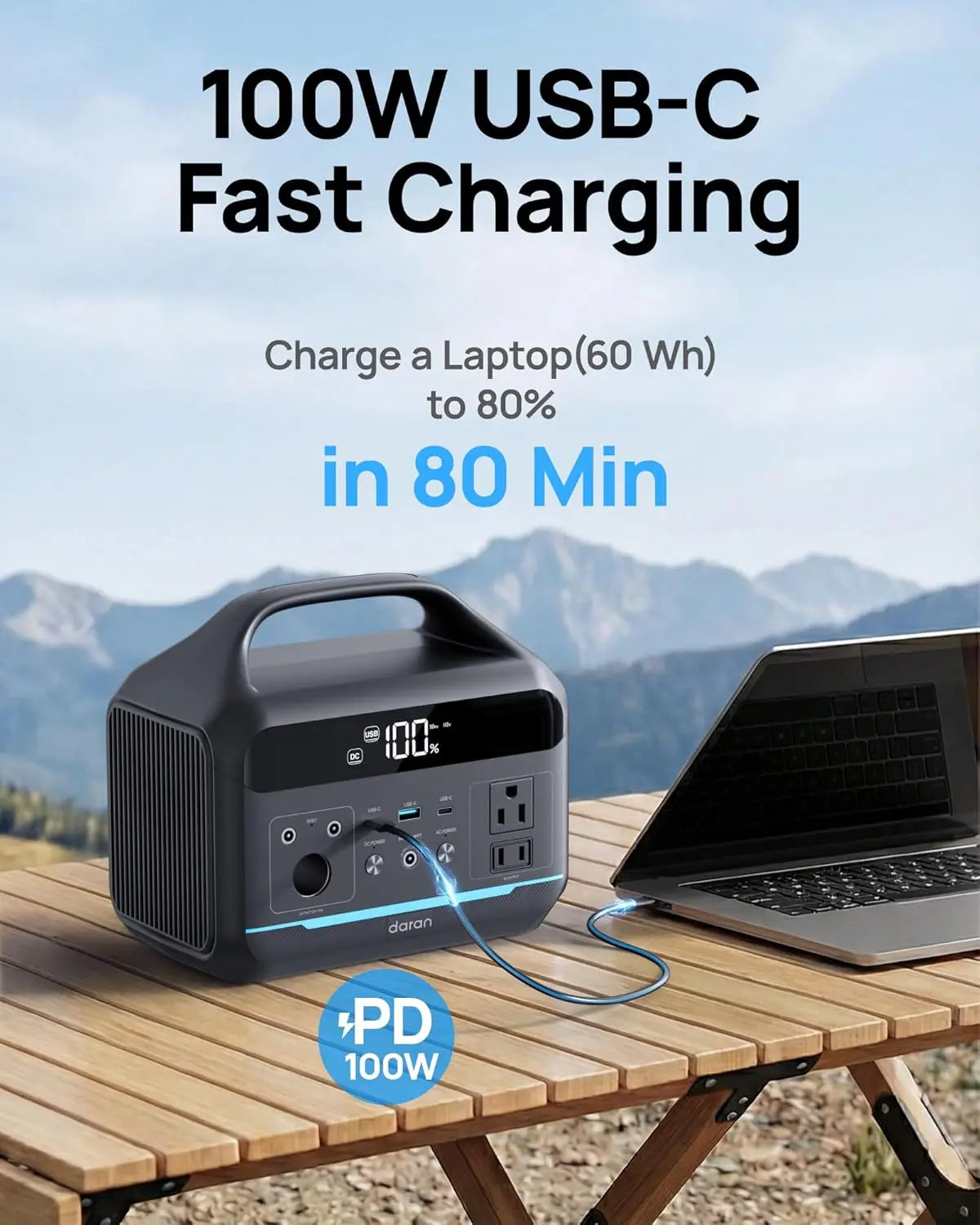 Portable Power Station 600W with 80W Solar Panel, 288Wh LiFePO4 Solar Generator, Dual AC Outlets, 100W USB-C PD, Fast Recharge f