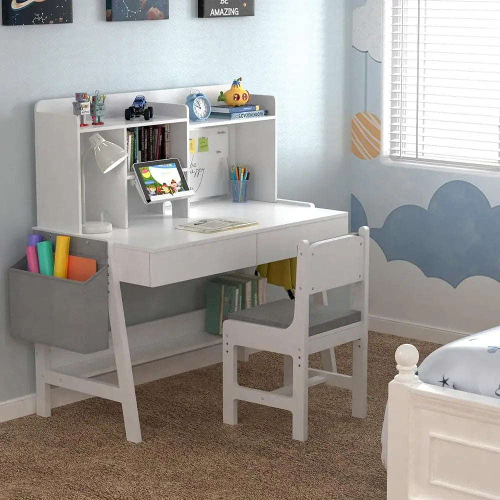 Kids Study Desk and Chair Set, Adjustable Children Study Table with Chair, Kids Wooden Desk with Hutch, Ders, Book Stand, Whiteb