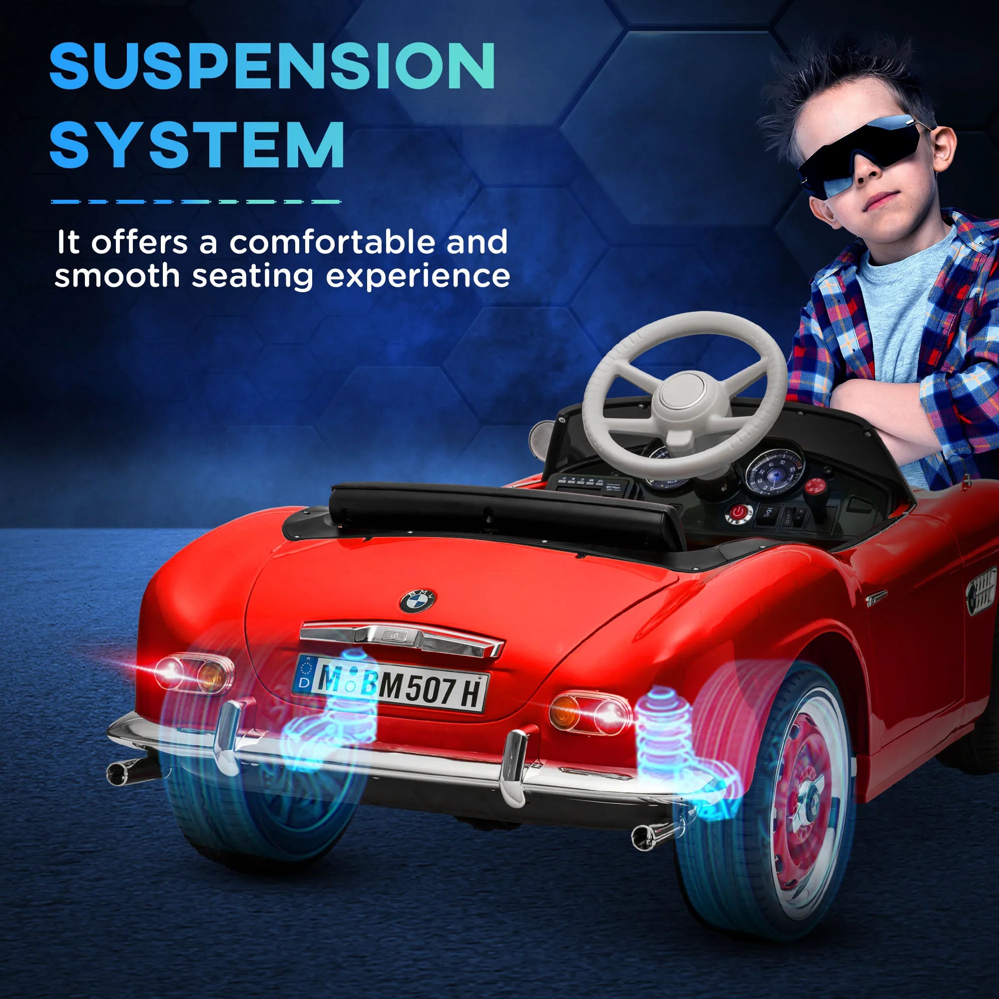 Kids Ride on Electric Car with Parent Remote Control Suspension LED Lights Bluetooth Music 3.1MPH for Kids Red, Bluetooth Music Player