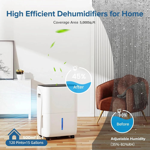 120 Pint Dehumidifier ,Covers up to 5,000 Sq. Ft Rooms, High-Efficiency Compressor Dehumidifier with Drain Hose and 1.05 Gallons Water Tank, Auto Shut-Off, 24HR Timer