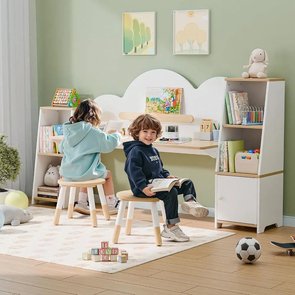 Kids Desk with Storage and 2 Stools, Wooden Children Study Desk and Chair Set with 5 Bookshelves & Cabi, Montori Cloud-Style Art