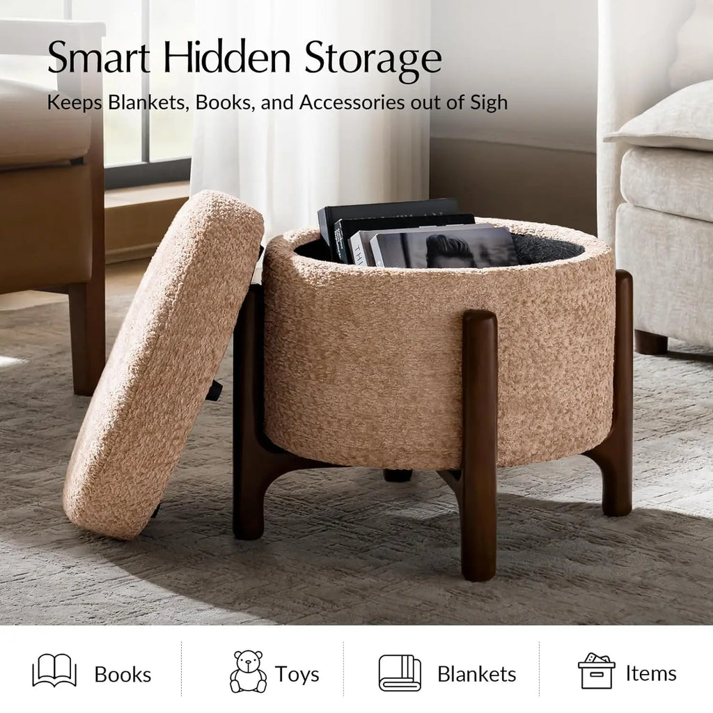 Storage Ottoman Coffee Tables Set of 2 with Solid Wood Base, Modern Round Ottomans with Storage, Chenille, Customized