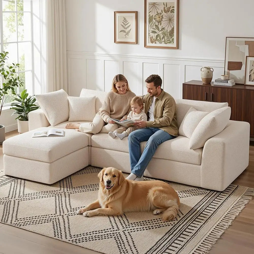 110" Cloud Sectional Couches or Living Room, L-Shaped Convertible Soa, 3-Seat ular BonelCouch with Movable Ottoman, Beige