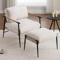 Mid-Century Chenille Accent Chair with Ottoman, Soft Living Room Chair with Metal Legs Modern Upholstered Armchair Read