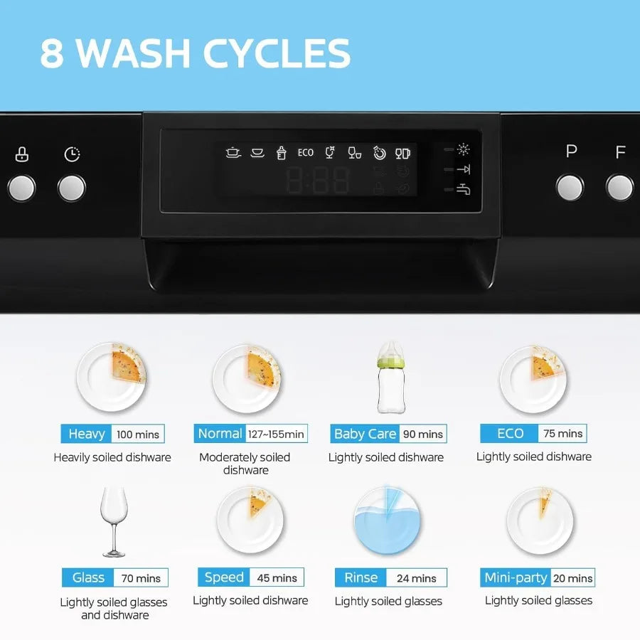 Portable Countertop Dishwasher for Dorm RV Apartment 6 Place Settings 8 Programs Speed Baby-Care ECO Glass Black Stainless Stee