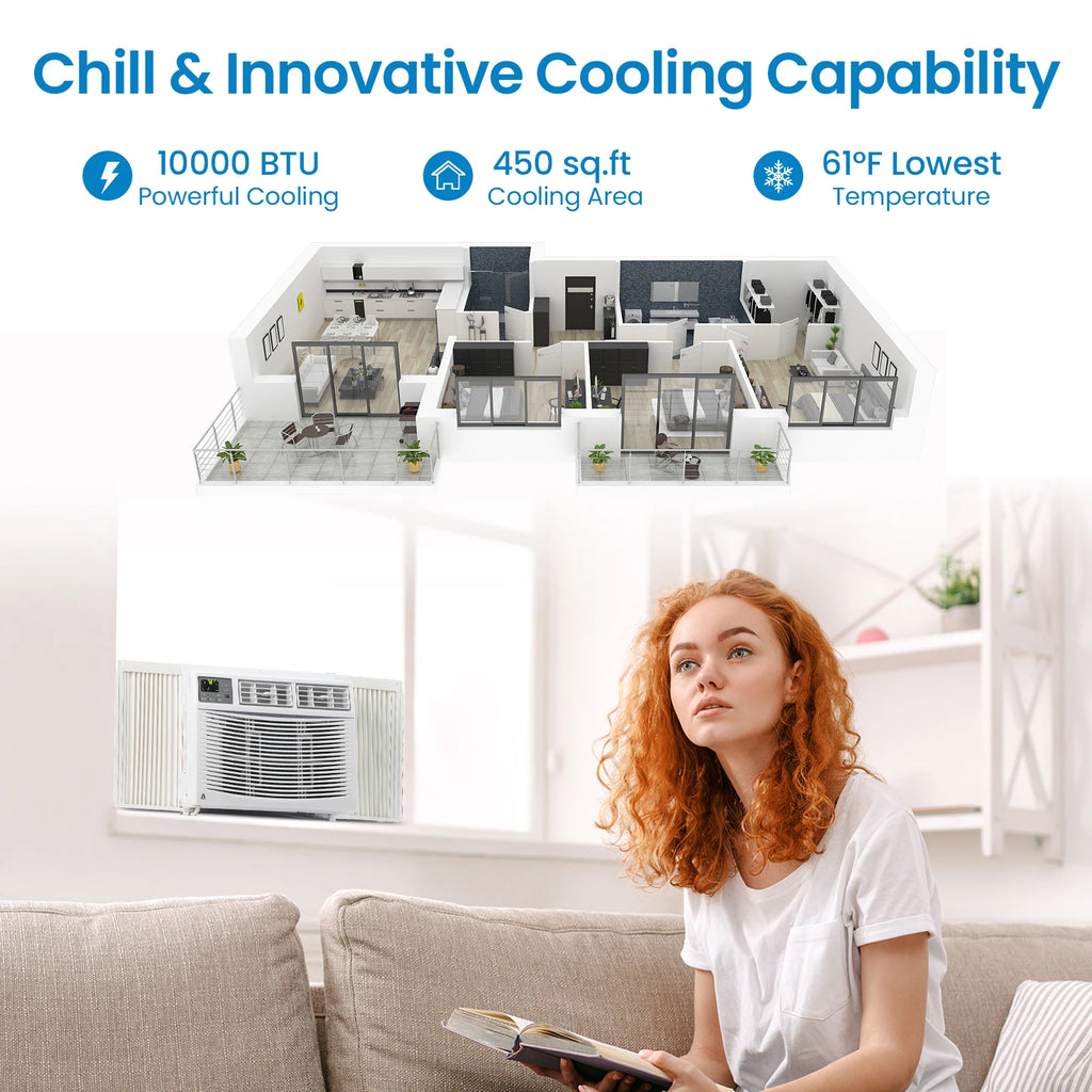10,000 BTU Window Air Conditioner, Air Conditioners Window-Mounted Room Fast Cooling for 450 Sq.Ft. Indoor Window AC Unit for Summer, Auto-Restart, 3 Cooling & Fan Speeds