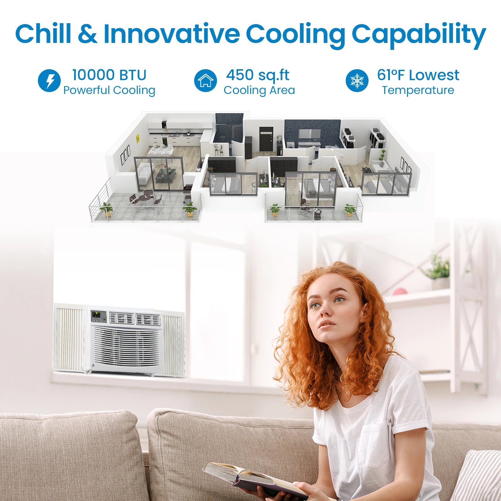 10,000 BTU Window Air Conditioner, Air Conditioners Window-Mounted Room Fast Cooling for 450 Sq.Ft. Indoor Window AC Unit for Summer, Auto-Restart, 3 Cooling & Fan Speeds