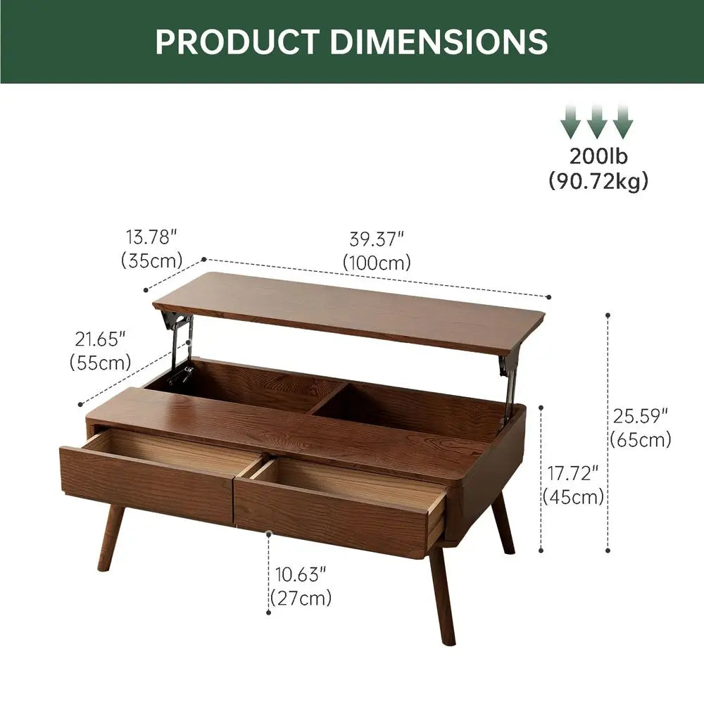 Top Coffee Table, 100 Solid Oak Wood Walnut Coffee Table with Drawers and Hidden Compartments, Rectangular Coffee Tables with S