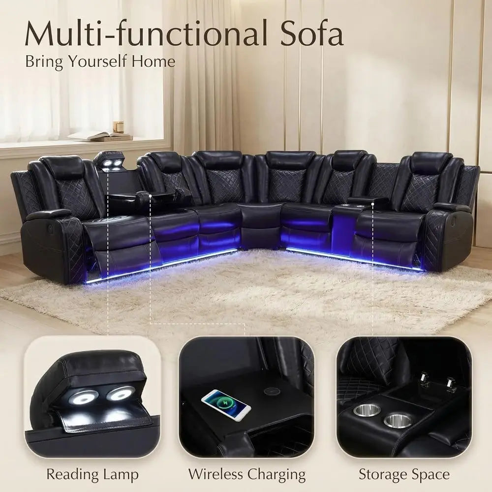 6-Seater Black Curved Leather Sectional Sofa Set with LED Lights, Cup Holders & Storage for Home Theater