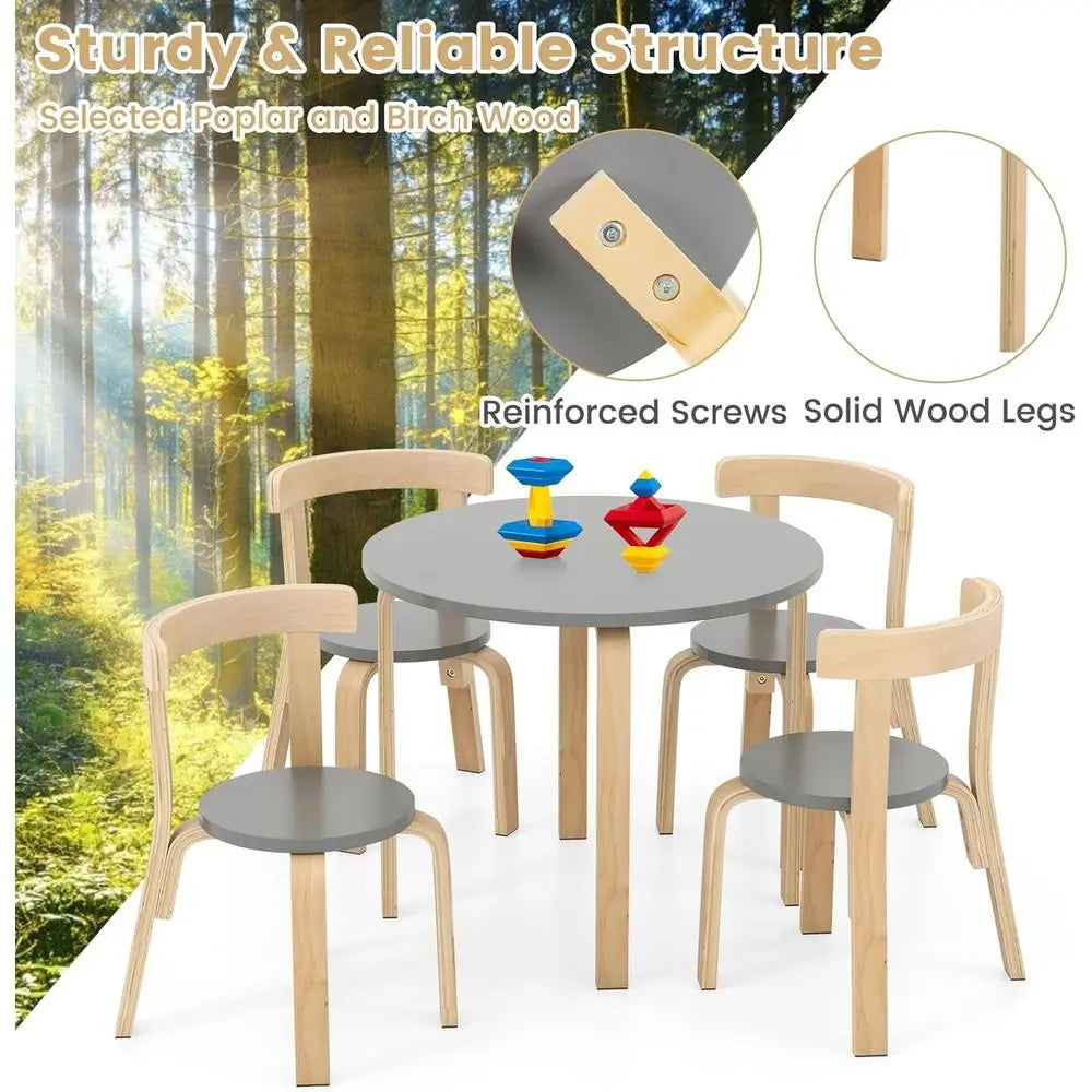 Kids Table and Chair Set, Bentwood Toddler Round Table and 4 Chairs for Craft Art, Building Block, 5-Piece Children Furniture Se