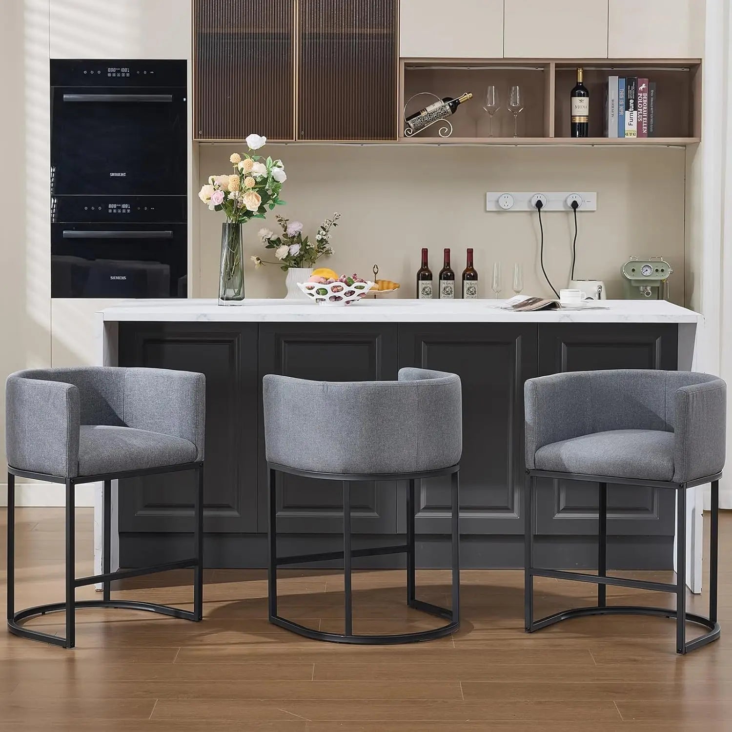 25in Counter Height Bar Stools Set of 3 with Backrest Metal Frame Linen Upholstered Kitchen Island Cafe Beige, Customized
