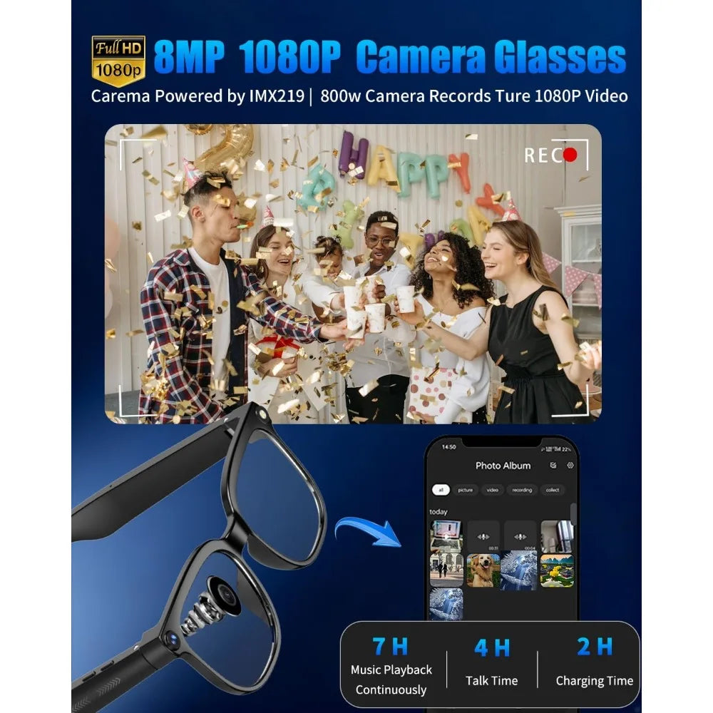 Smart Glasses 800W with Camera, AI Translator, Object Recognition, Bluetooth Audio, Photochromic Lenses, 290mAh Battery