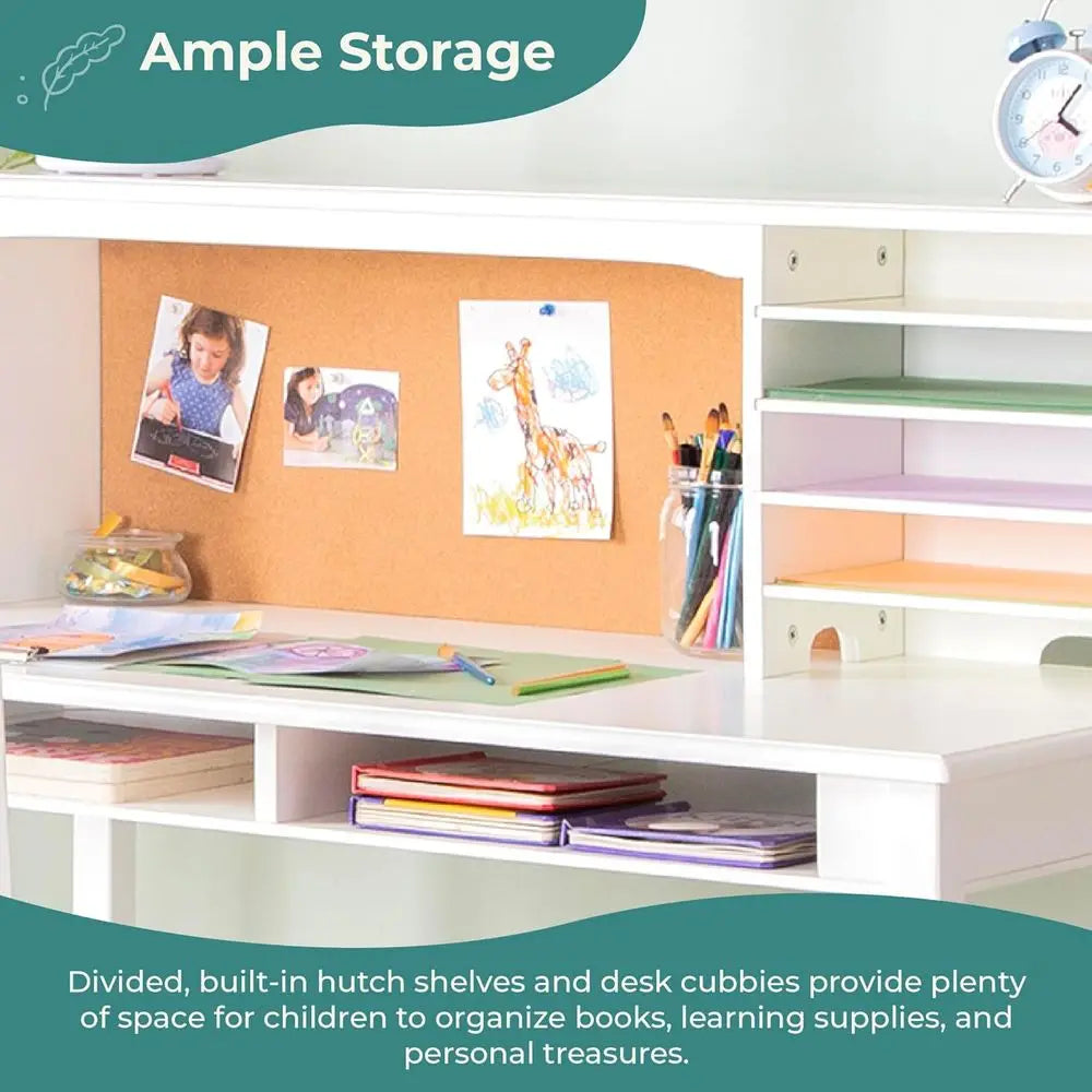 Kids Media Desk and Chair Set - White: Kids Writing Desk with Hutch and Storage Shelves, Computer Workstation with Corkboard, Wo