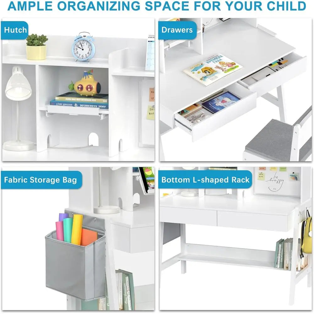 Kids Study Desk and Chair Set, Adjustable Children Study Table with Chair, Kids Wooden Desk with Hutch, Ders, Book Stand, Whiteb