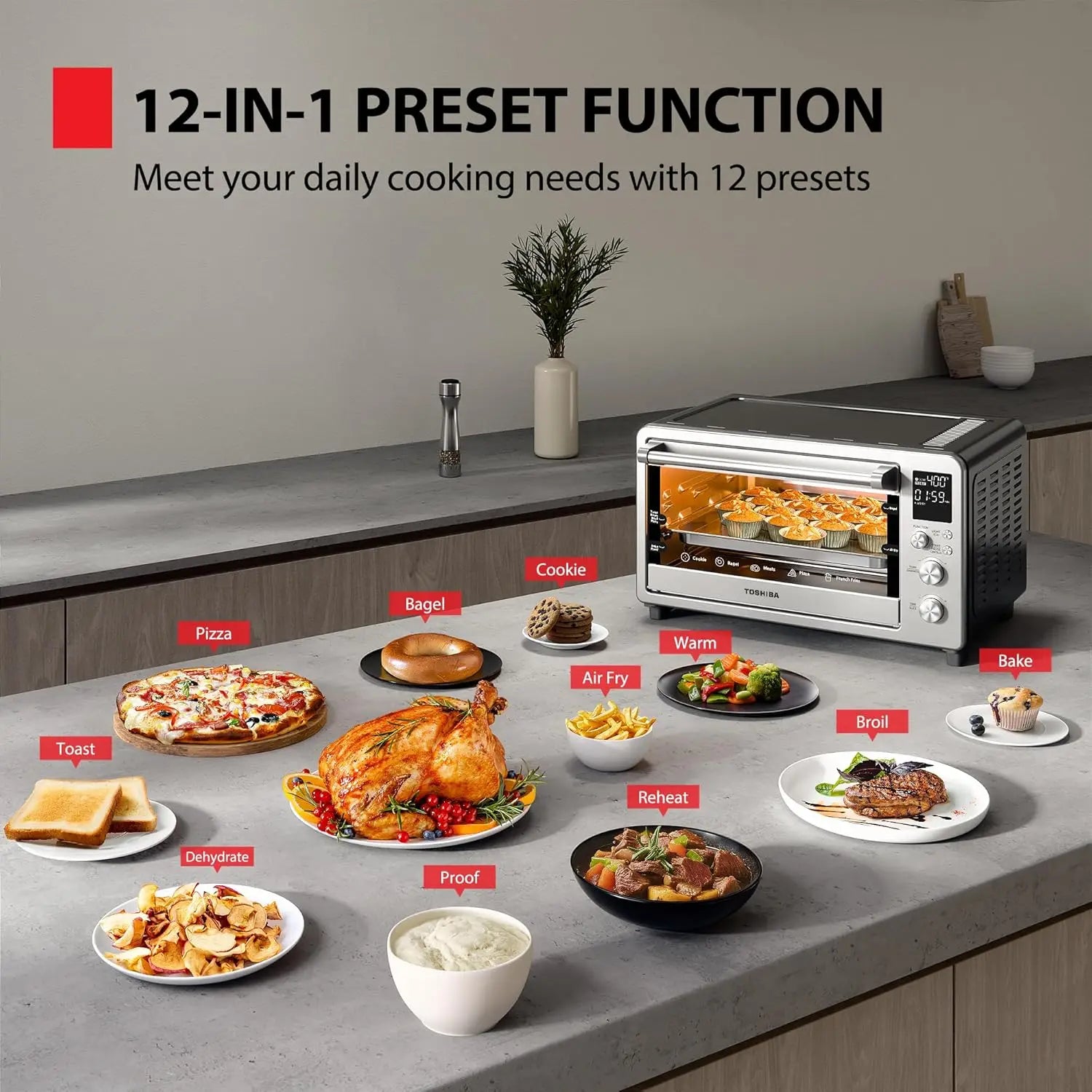 26.4 QT Air Fryer Toaster Oven Combo, 12-in-1 Countertop Oven, Large Capacity, Stainless Steel