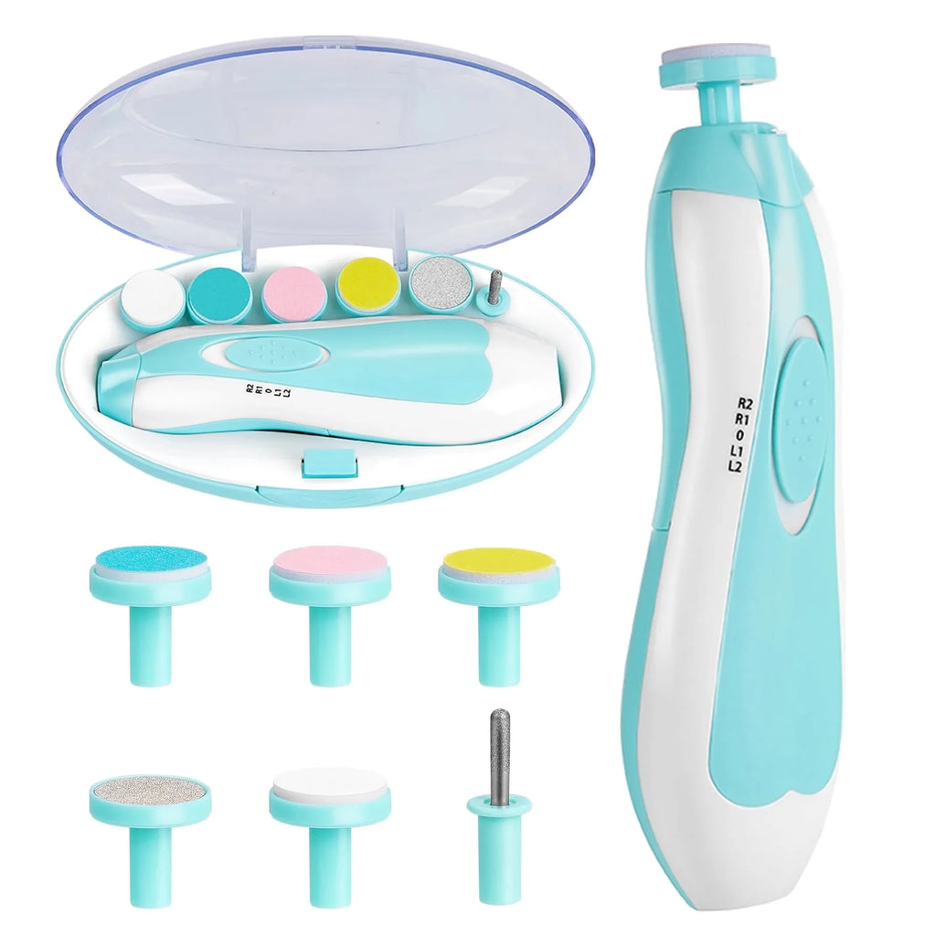 Baby Nail Trimmer Electric Kit Fingernails Toes Care Manicure 6-in-1 Set with LED Light for Newborn Kids and Adult Available in Pink and Blue.