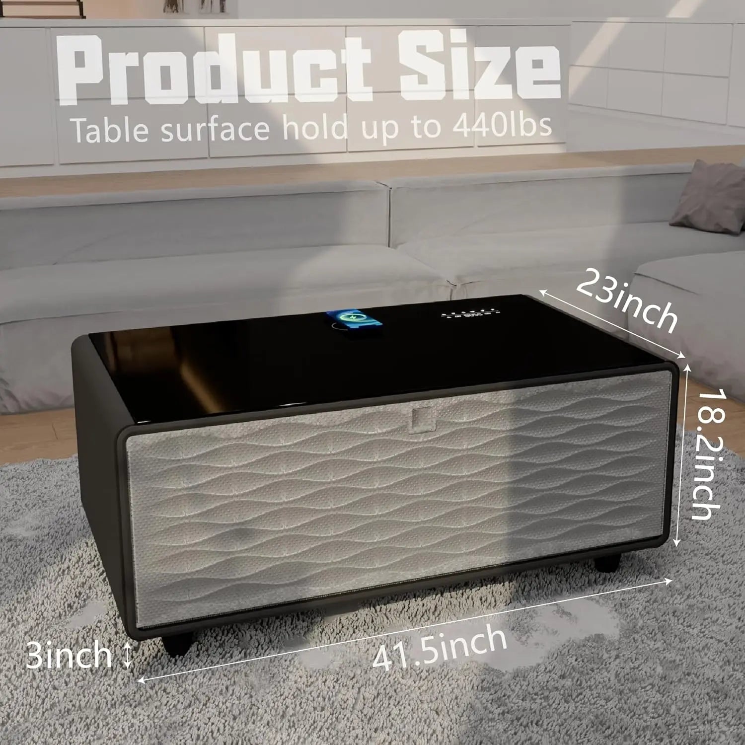 Smart Coffee Table with Built-in Fridge 15W Wireless Charging USB Ports Speakers 23"x41.5"x18.2" for Living Room, Custom
