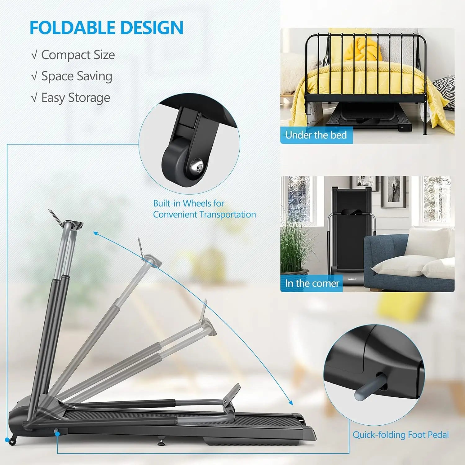 3.0HP Folding Treadmill, Foldable Superfit Treadmill W/LED Touch Screen, Phone Holder, Blue Tooth Connection, Electric Running W