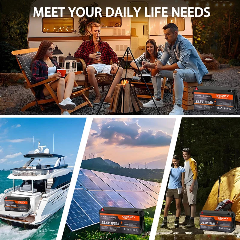 Qidianfy 24V 100Ah LiFePO4 Lithium Battery with 100A BMS 2560Wh Power for Solar Off-grid Home Backup Energy Storage RV Fishing