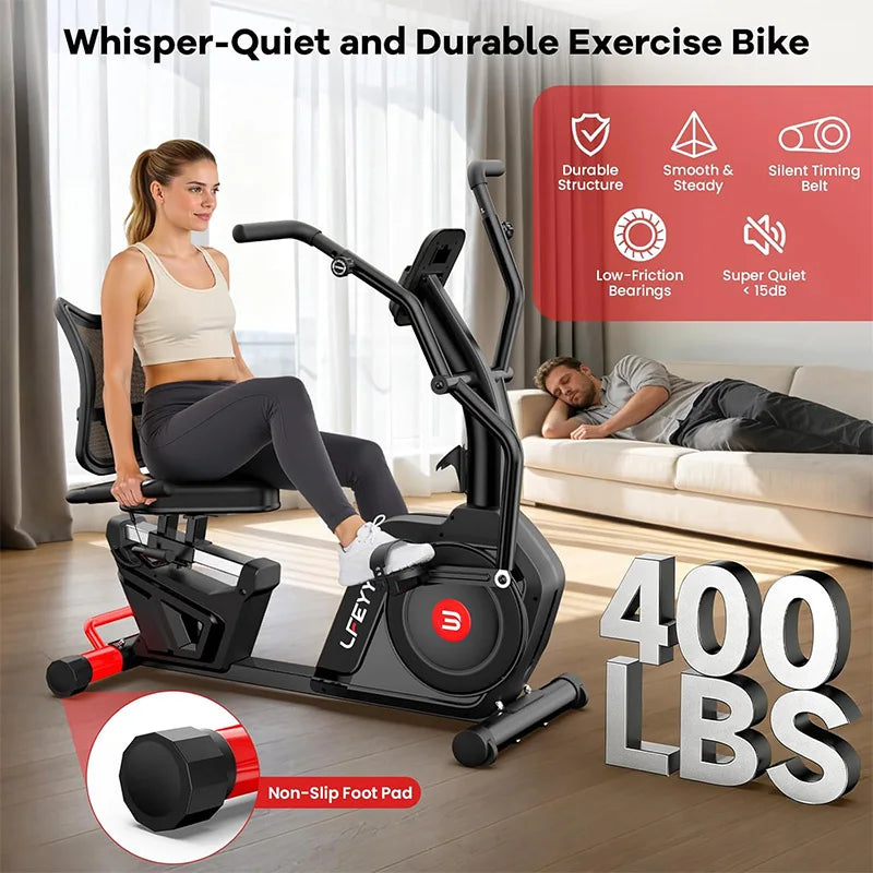 Pooboo Recumbent Exercise Bike for Home, Stationary Bike with Arm Exerciser, 16-Level Magnetic Resistance, Bluetooth App, LCD Monitor, 450LBS Capacity, Heart Rate, Heavy-Duty Frame, Low-Impact Cardio&Physical Therapy