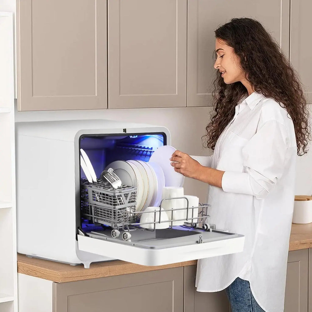 Countertop Portable Mini Dishwasher with 6 Washing Programs, 5.3L Water Tank, Hot Air-Dry/24H Delayed Start Function, LED Light