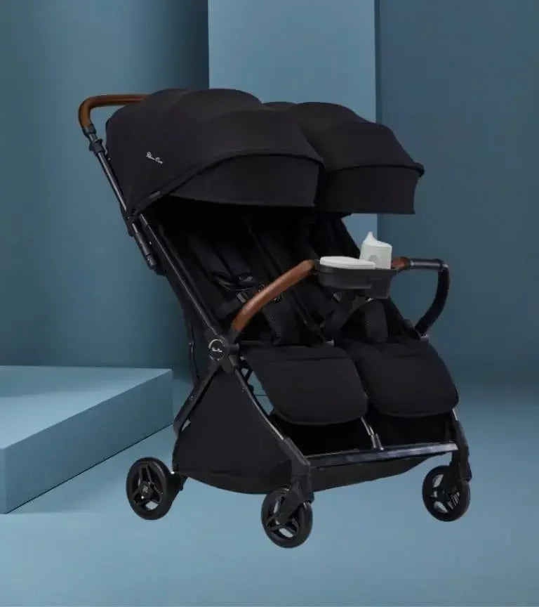 Black Silver Cross Jet Double Stroller Bundle with Travel Bag and Snack Tray for Twins - Lightweight Compact Foldable Design