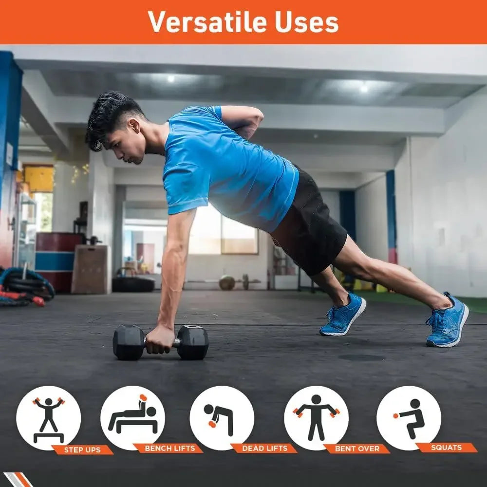 Hexagonal Rubber Dumbbells Pair - Home Strength Training Accessories - Fitness Equipment for Weight Lifting