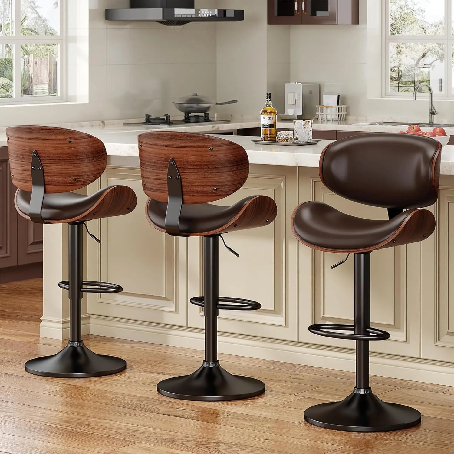 Adjustable Height Swivel Bar Stool PU Leather Upholstered with Back Footrest for Bar Kitchen Dining Room Set of 3, Customized