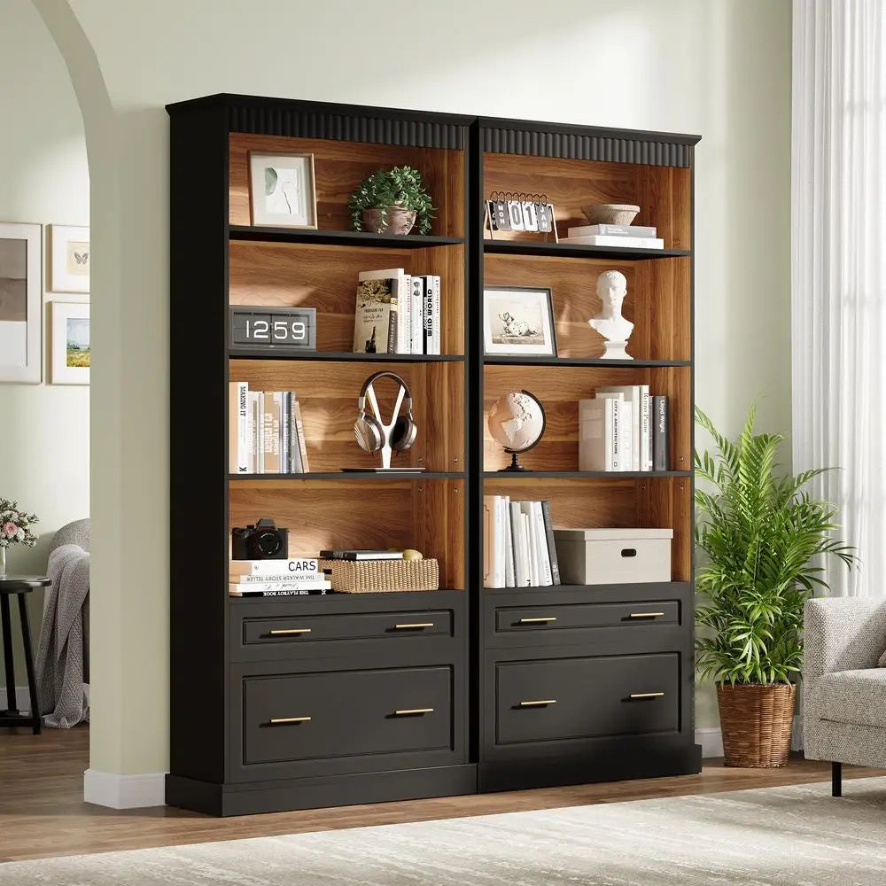 5Shelf Bookcase with File Cabinet Drawer, 72 Tall Bookshelf, Modern FreeStanding Wood Bookcase, Large Open Display Storage Book