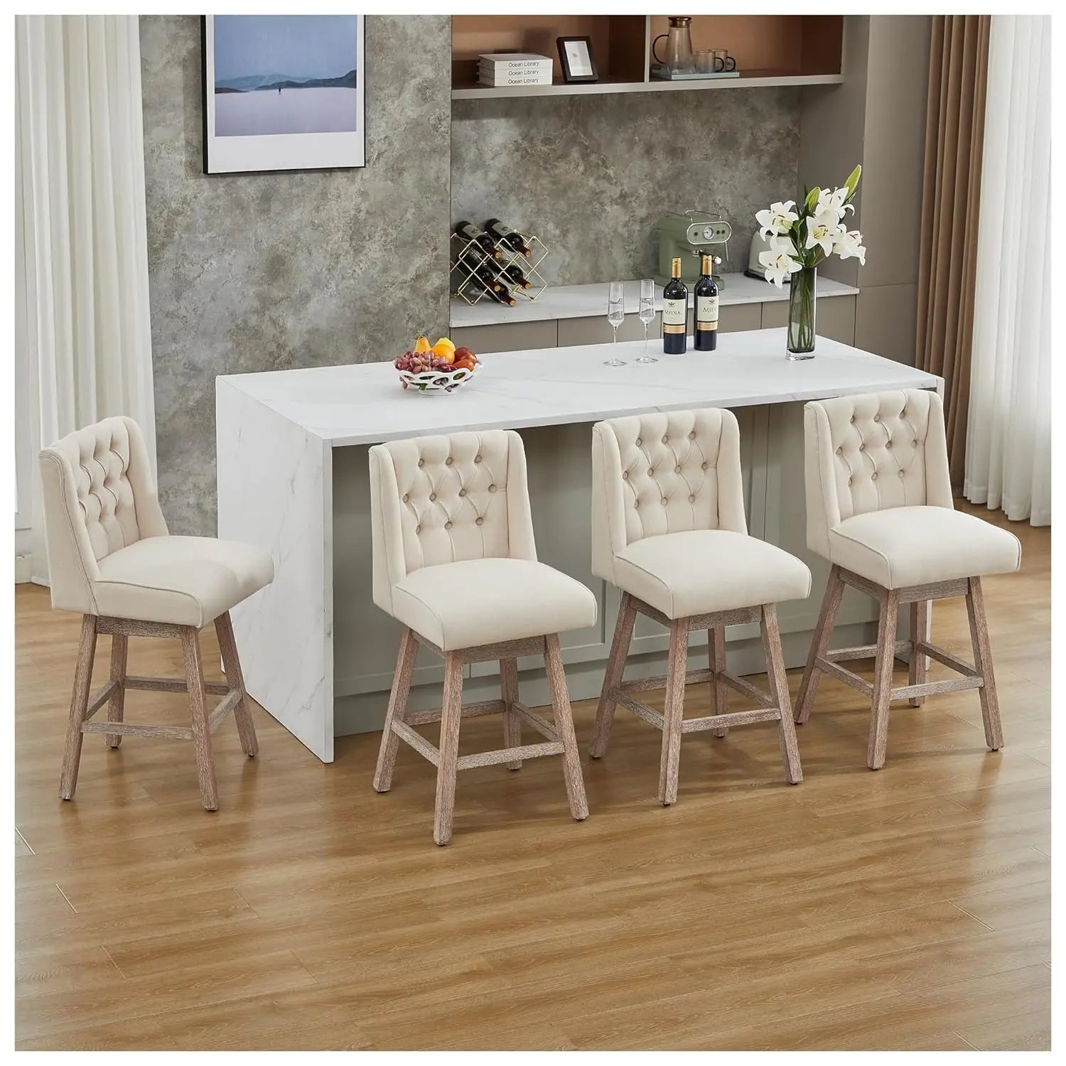 26" Swivel Bar Stools Set of 4, Counter Height Barstools with Back, Linen Fabric Upholstered Bar Stools, Customized
