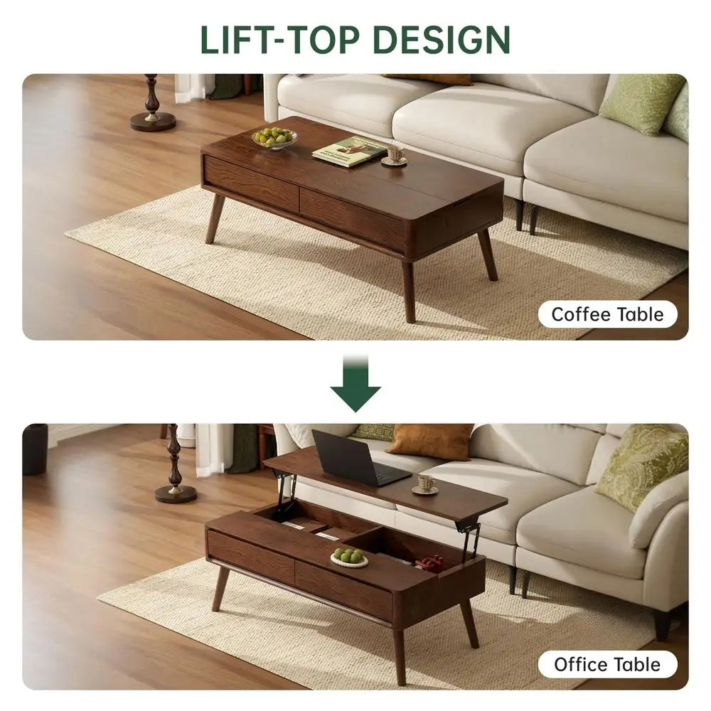 Top Coffee Table, 100 Solid Oak Wood Walnut Coffee Table with Drawers and Hidden Compartments, Rectangular Coffee Tables with S