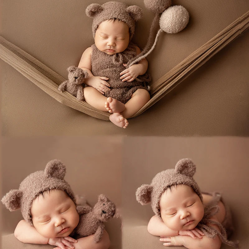 Newborn Photography Bear Costume Knitted Balloon Decorative Props Baby Plush Hat Jumpsuit Set Photo Studio Shooting Accessories