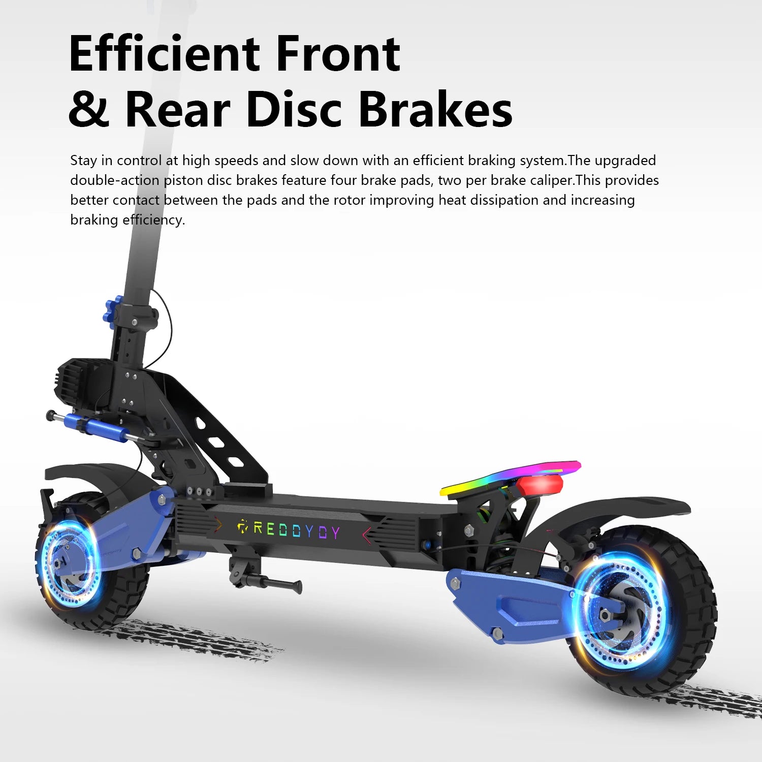 REDDYDY Offroad Electric Scooter with Smart APP 50MPH Max Speed 55Miles Long Range 5000W Peak Dual Motors 60V25Ah Battery Smart Riding 3 Modes NFC Unlocking Dual Hydraulic Disc Brakes Full Suspension 10.5" Tires for Commuting
